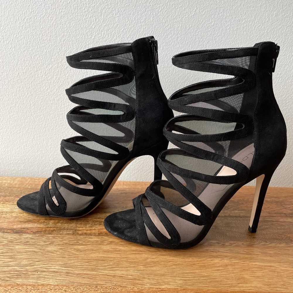 Black strappy mesh open toe booties